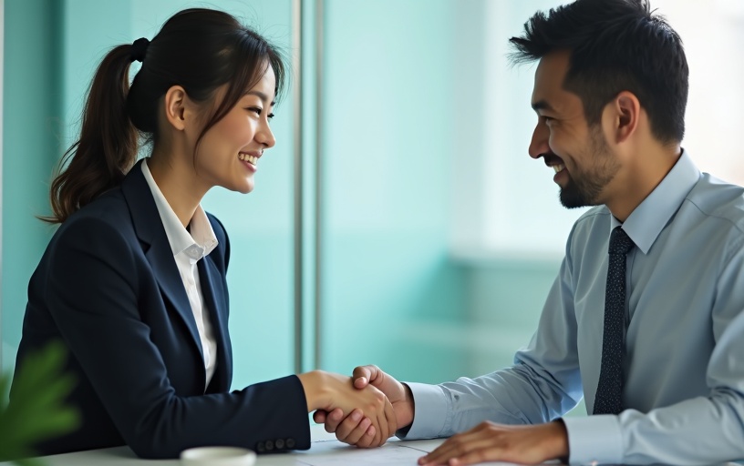 企業との信頼関係を築く握手の様子