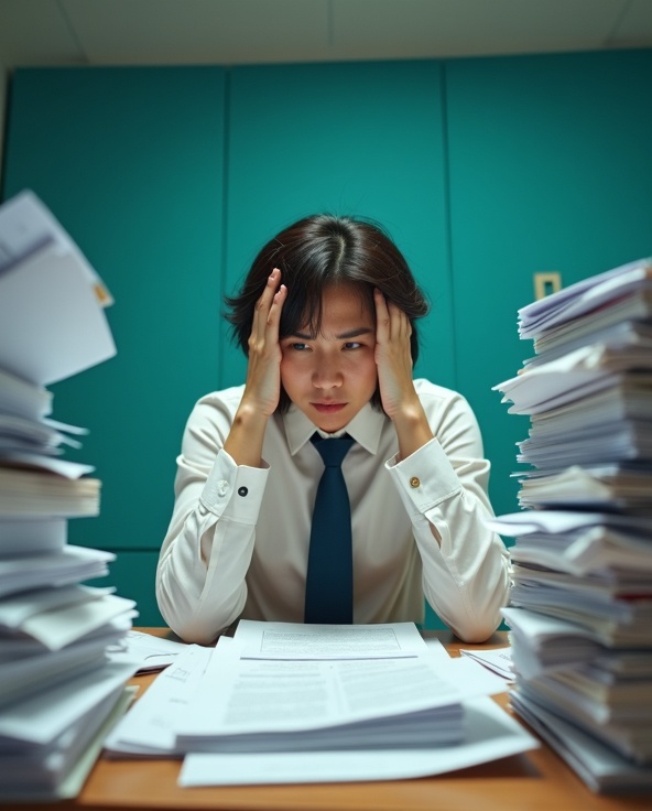 労務書類の山に追われる担当者の様子